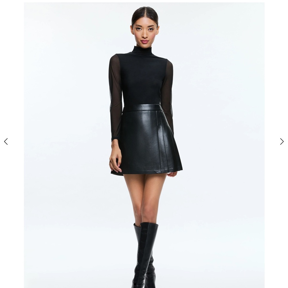 Alice + Olivia Black Faux Leather Pleated Skirt
